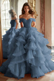 Black Princess Off The Shoulder Tiered Ruffled Long Prom Dress