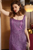 Purple Scoop Neck Satin Short Homecoming Dress with Fringes