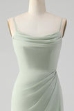 Matcha A Line Spaghetti Straps Satin Long Bridesmaid Dress with Lace Up Back