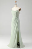 Matcha A Line Spaghetti Straps Satin Long Bridesmaid Dress with Lace Up Back