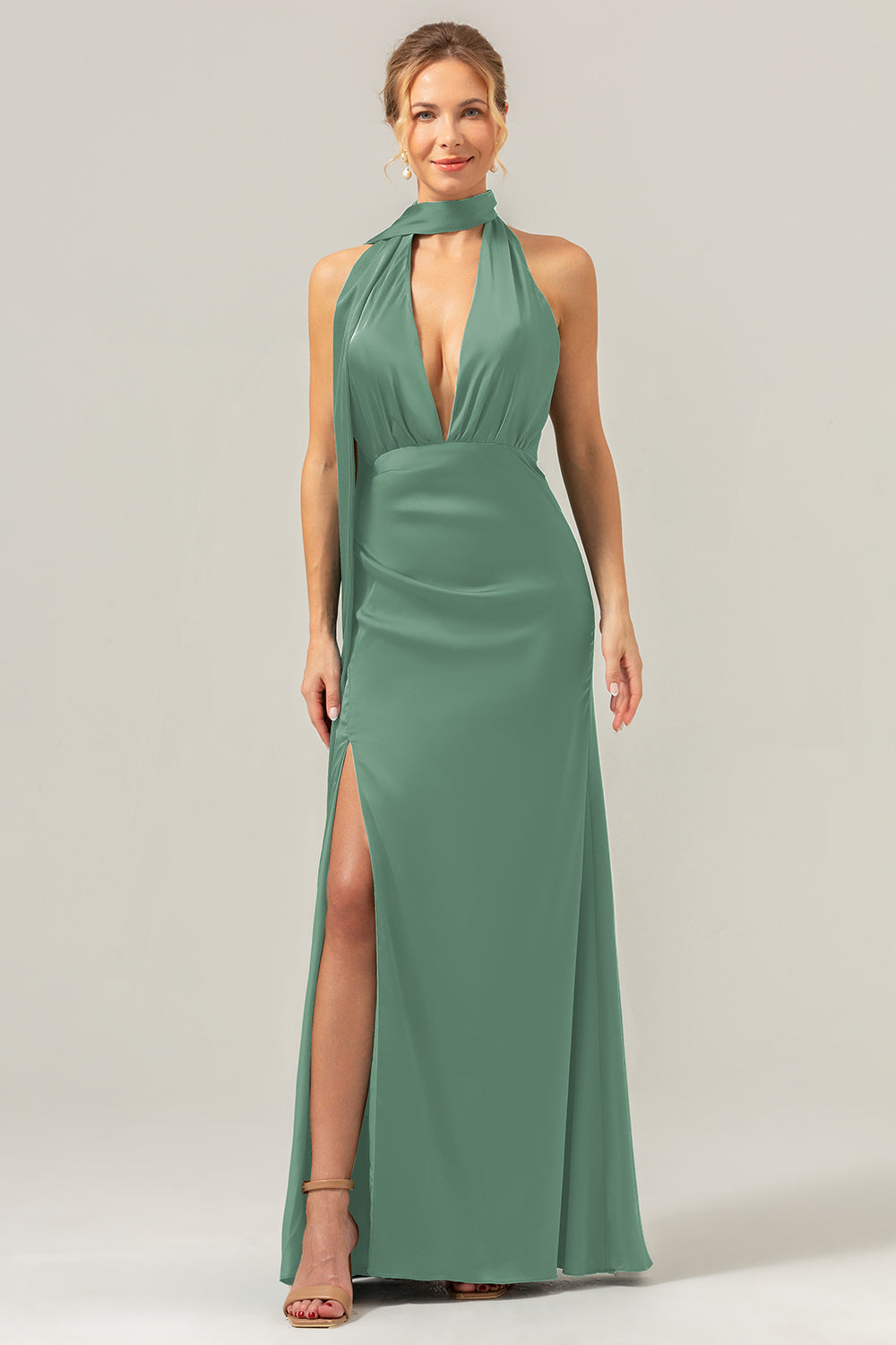 Blue White Flower Deep V Neck Streamer Backless Long Bridesmaid Dress with Slit