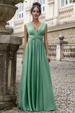 Dark Green A Line V Neck Chiffon Long Bridesmaid Dress with Lace Up Back