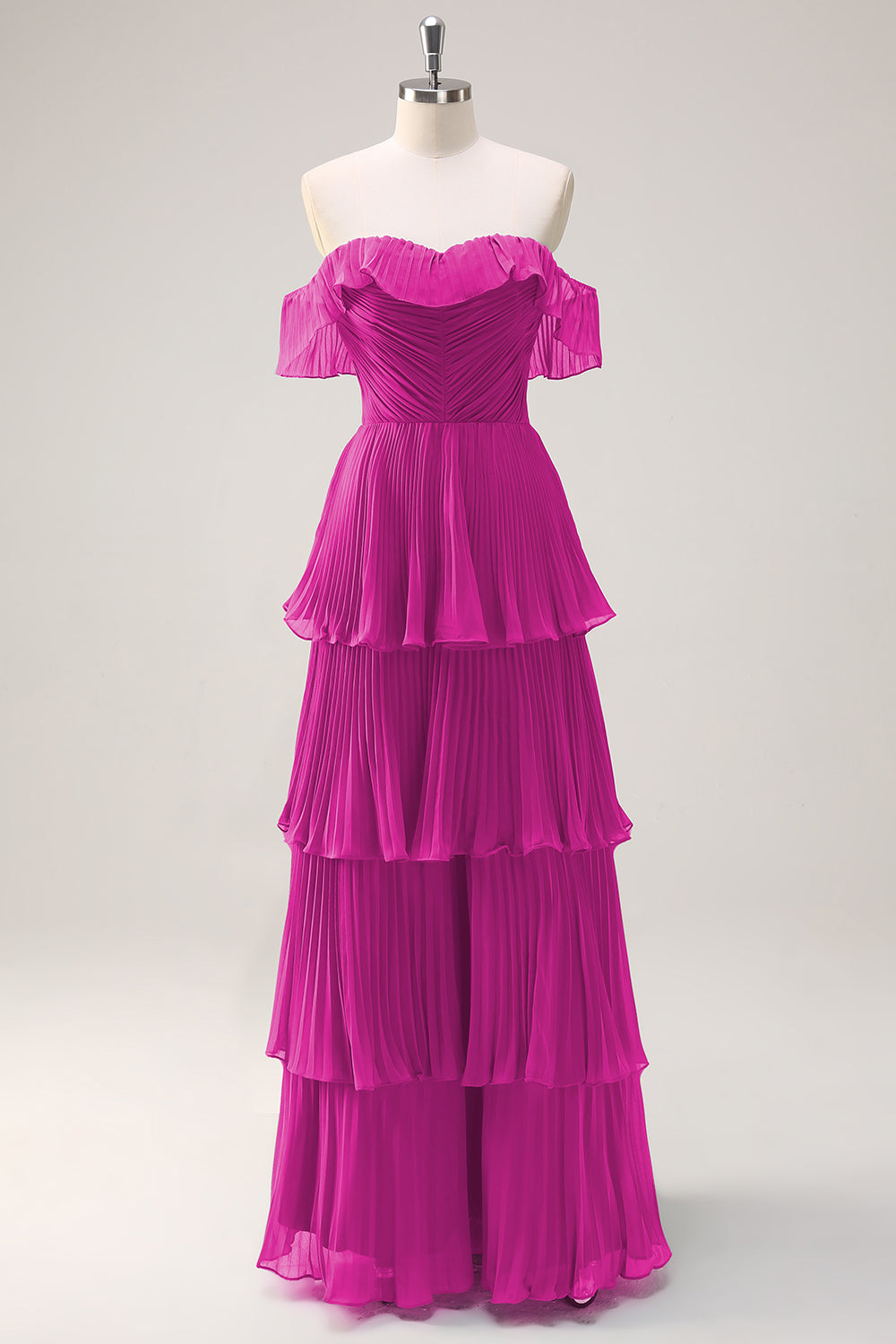 Eucalyptus A Line Off the Shoulder Tiered Pleated Long Bridesmaid Dress with Slit
