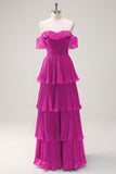 Eucalyptus A Line Off the Shoulder Tiered Pleated Long Bridesmaid Dress with Slit