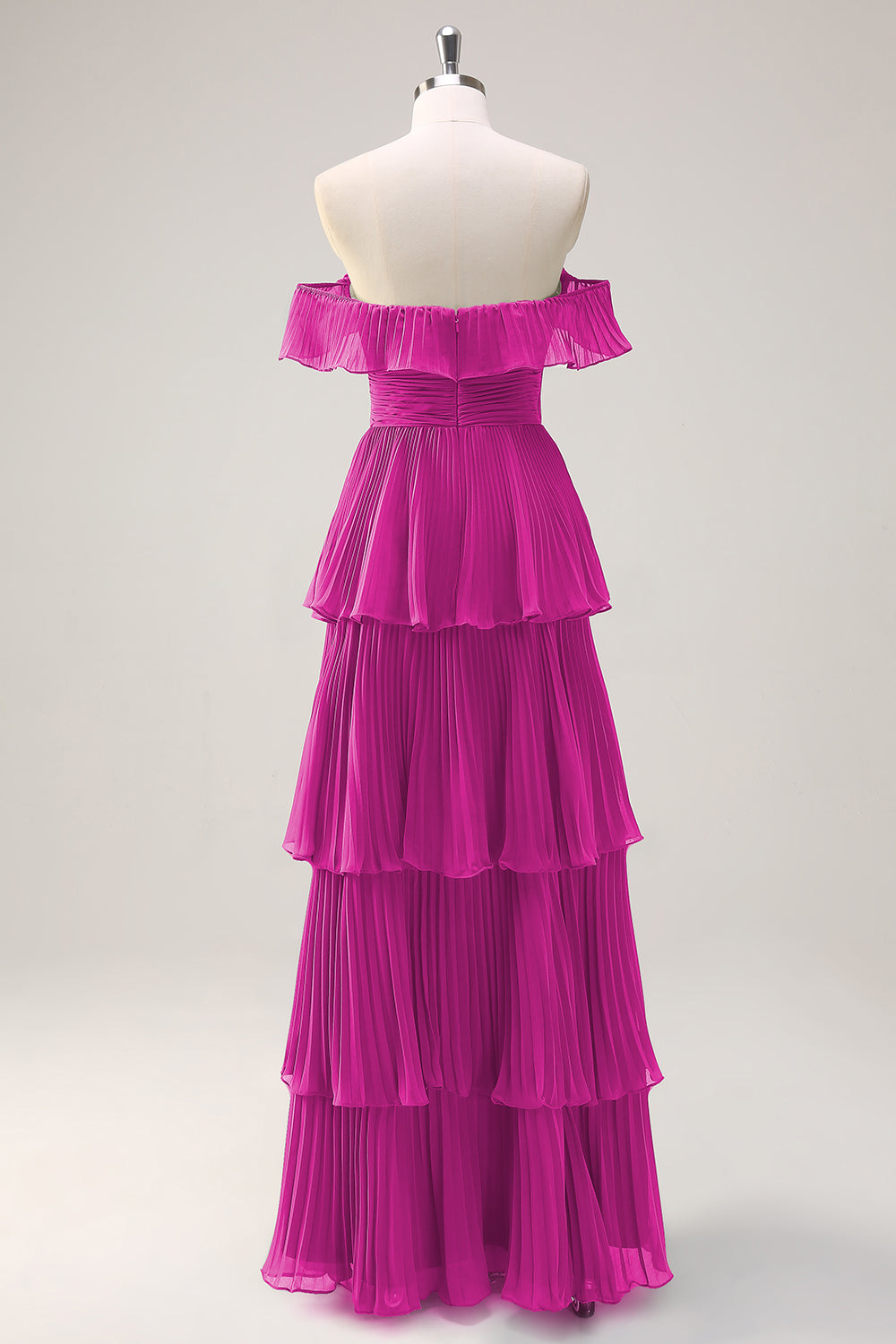 Eucalyptus A Line Off the Shoulder Tiered Pleated Long Bridesmaid Dress with Slit