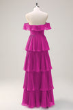 Eucalyptus A Line Off the Shoulder Tiered Pleated Long Bridesmaid Dress with Slit