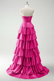 Green Sweetheart Princess Satin Tiered Long Corset Prom Dress with Slit