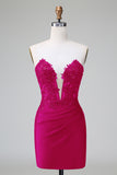 Dark Green Tight Deep V Neck Satin Strapless Short Homecoming Dress with Appliques