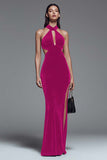 Dark Green Velvet Halter Sheath Long Formal Dress with Slit