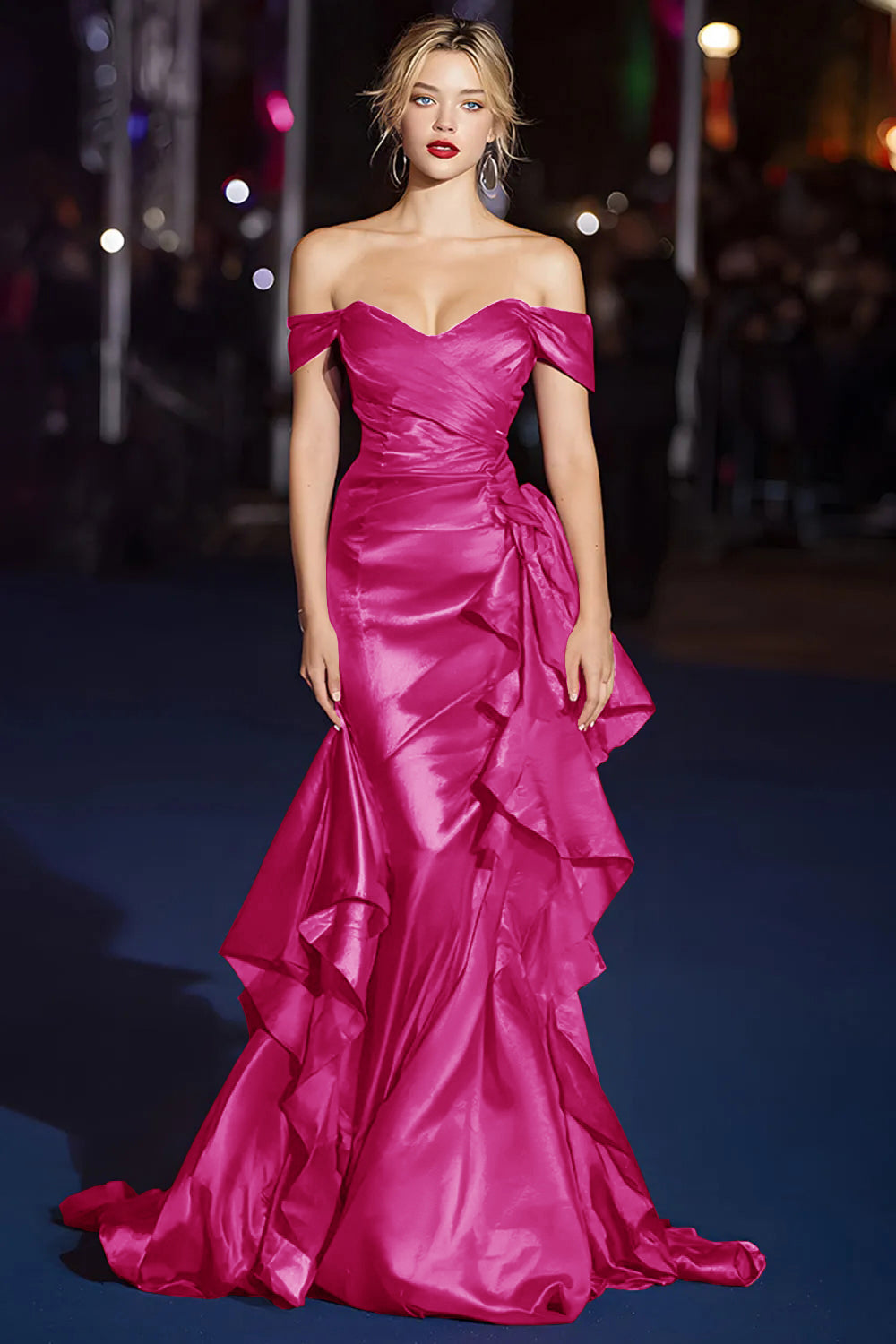 Dark Green Off the Shoulder Satin Ruched Mermaid Long Gala Dress with Ruffles