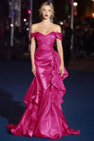 Dark Green Off the Shoulder Satin Ruched Mermaid Long Gala Dress with Ruffles