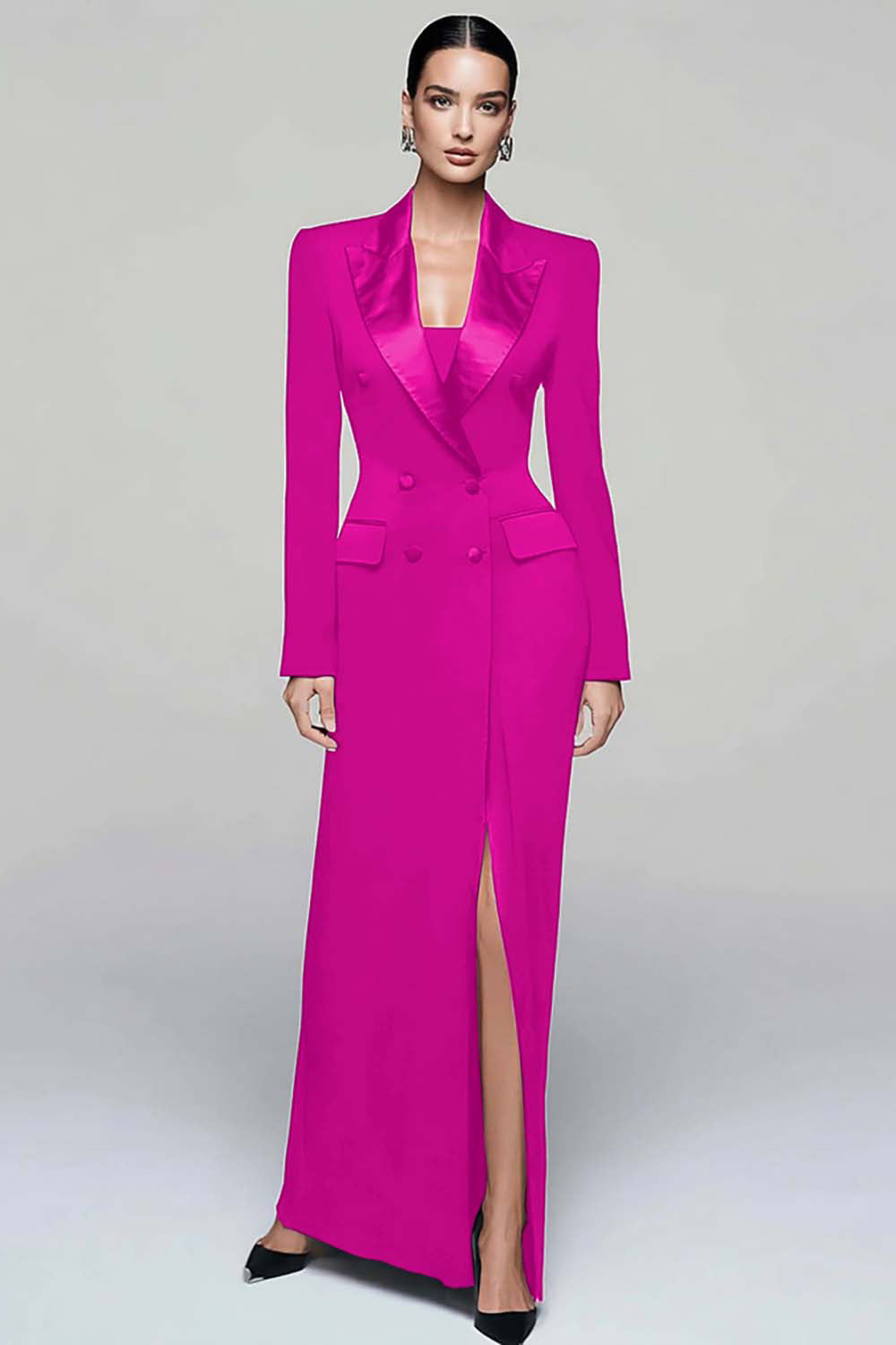 Black Peak Lapel Double Breasted Women's Blazer Dress with Slit