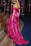Dark Green Off the Shoulder Satin Ruched Mermaid Long Gala Dress with Ruffles