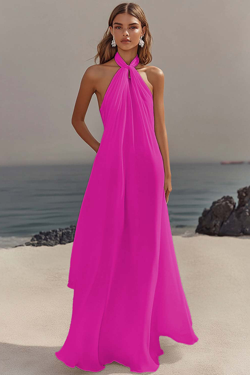 White Sheath Halter Chiffon Long Boho Beach Dress