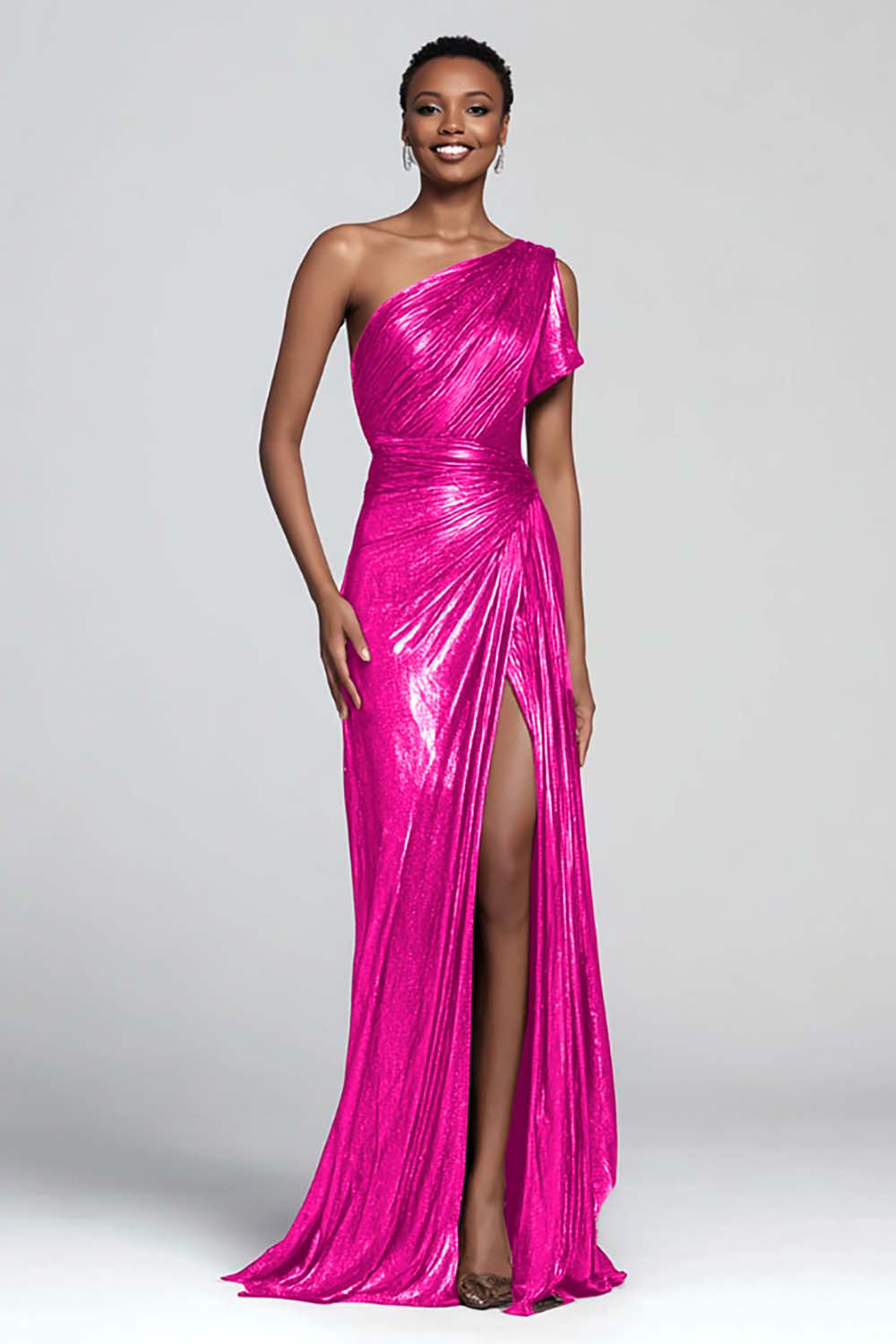 Brown Metallic Sheath One Shoulder Long Formal Dress