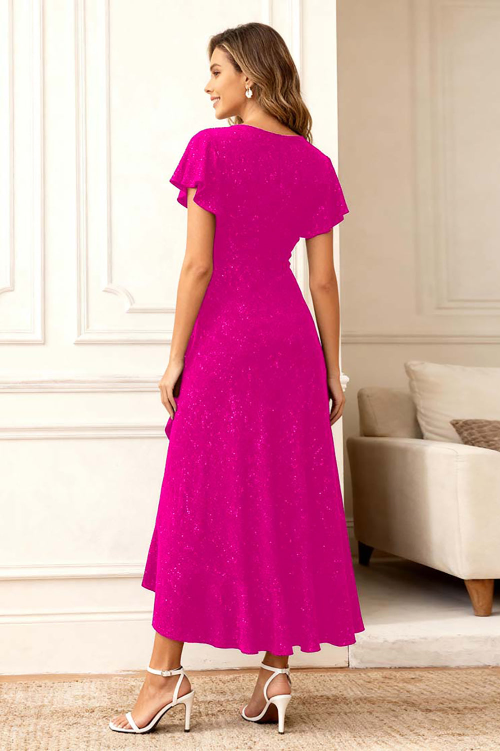 Glitter Black A Line Ruffle Holiday Party Dress with Sleeves