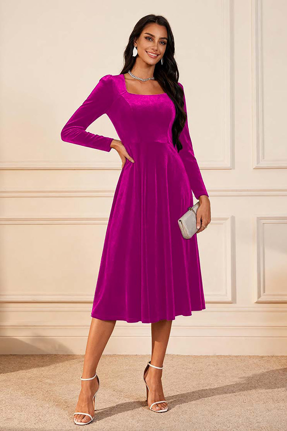 Dark Green A Line Velvet Long Sleeve Holiday Party Dress