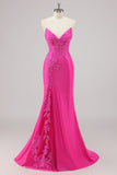Fuchsia Mermaid Strapless Long Beaded Prom Dress With Appliques