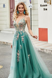 Glitter Green A-Line Spaghetti Straps Long Prom Dress With Sparkly Sequin Appliques