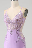 Trendy Mermaid Spaghetti Straps Lilac Long Prom Dress with Appliques Beading
