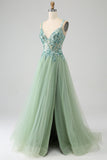Gorgeous A Line V Neck Light Green Long Prom Dress with Appliques