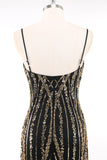 Black Golden Spaghetti Straps Sequins Bodycon 1920s Dress with Fringes