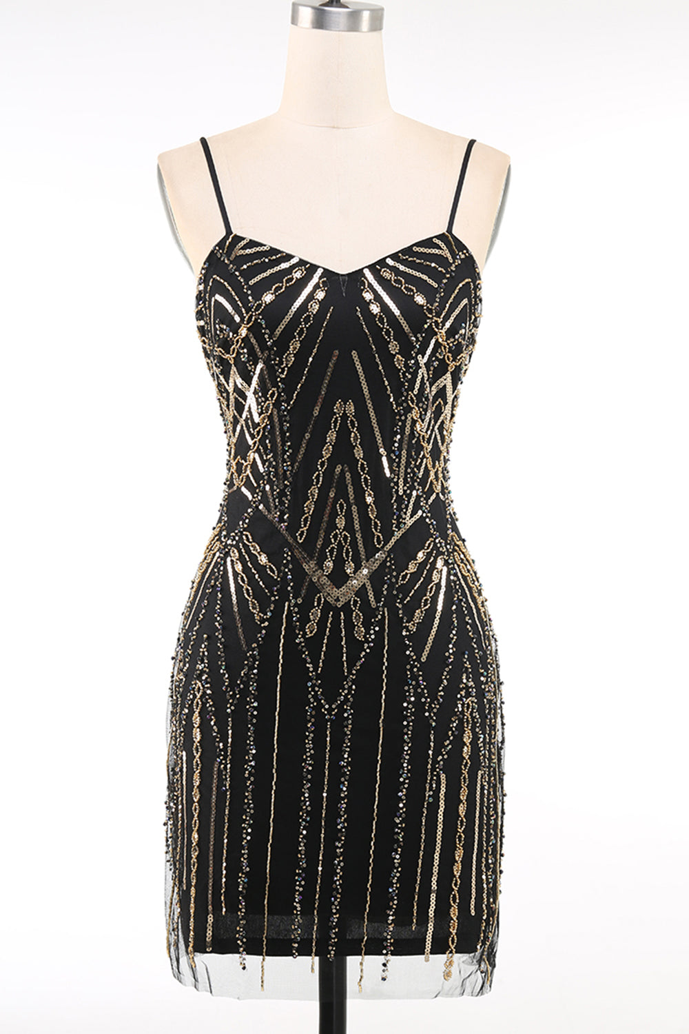 Black Golden Spaghetti Straps Sequins 1920s Dress
