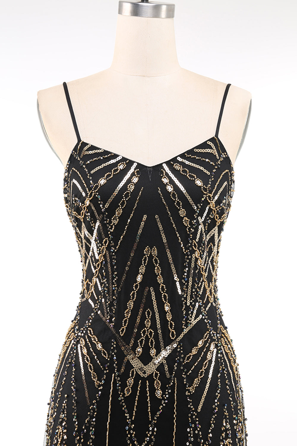 Black Golden Spaghetti Straps Sequins 1920s Dress