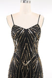 Black Golden Spaghetti Straps Sequins 1920s Dress