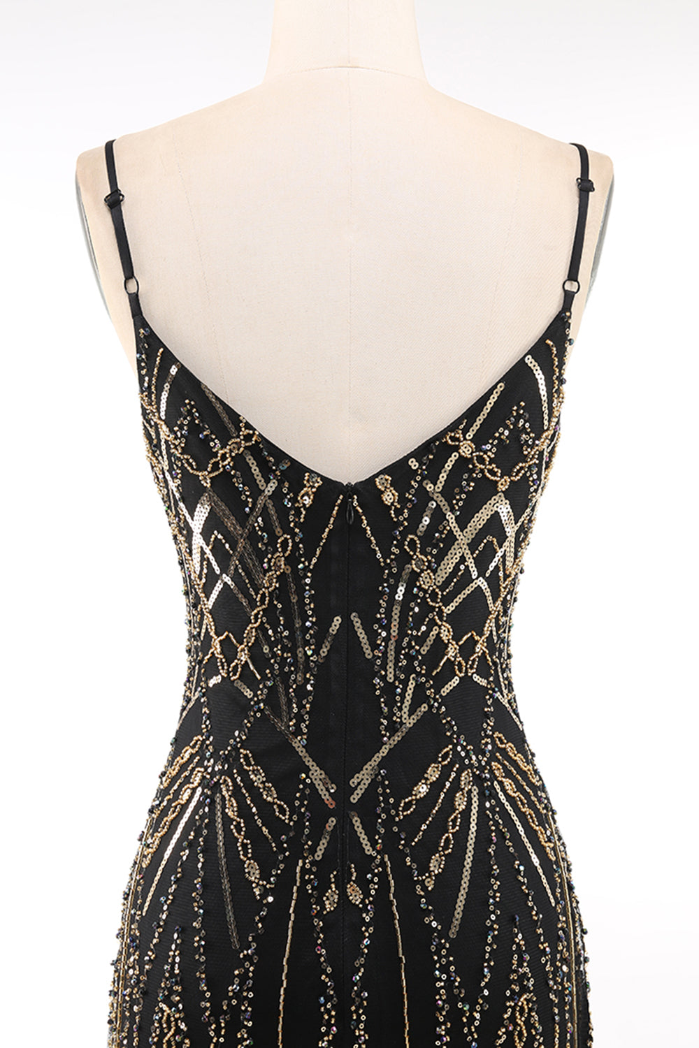 Black Golden Spaghetti Straps Sequins 1920s Dress
