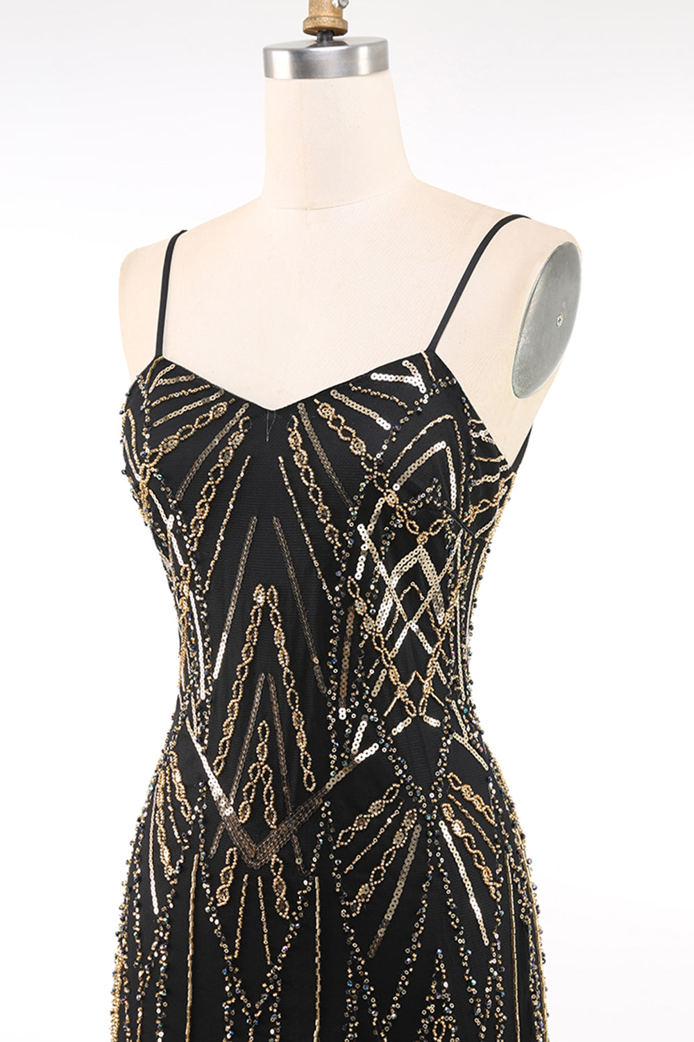 Black Golden Spaghetti Straps Sequins 1920s Dress