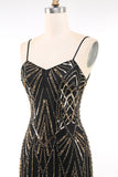 Black Golden Spaghetti Straps Sequins 1920s Dress