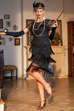 Jewel Neck Black Red Beaded Gatsby Fringed Flapper Dress