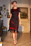 Jewel Neck Black Red Beaded Gatsby Fringed Flapper Dress