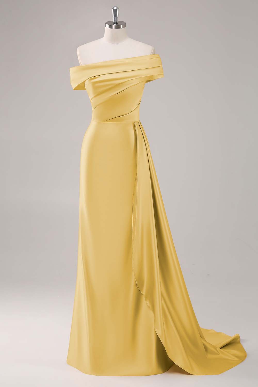 Champagne Sheath One Shoulder Pleated Long Formal Dress with Side Streamer