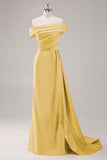 Champagne Sheath One Shoulder Pleated Long Formal Dress with Side Streamer