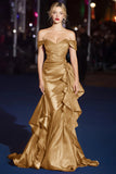 Dark Green Off the Shoulder Satin Ruched Mermaid Long Gala Dress with Ruffles