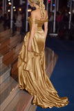Dark Green Off the Shoulder Satin Ruched Mermaid Long Gala Dress with Ruffles