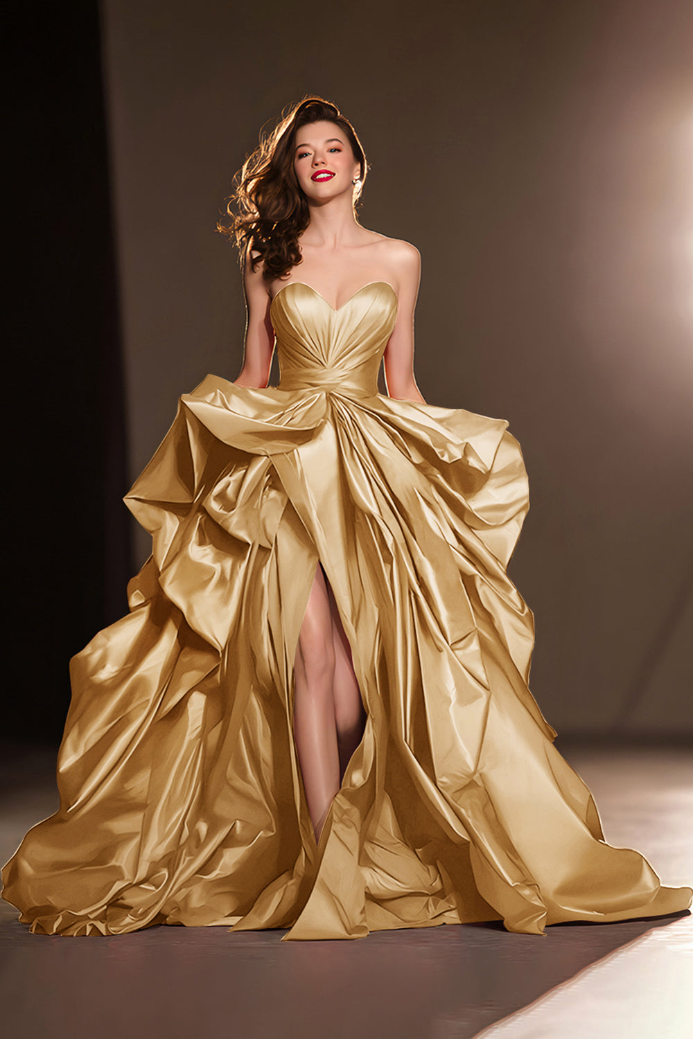 A Line Sweetheart Dark Red Ruffle Pageant Dress with Slit