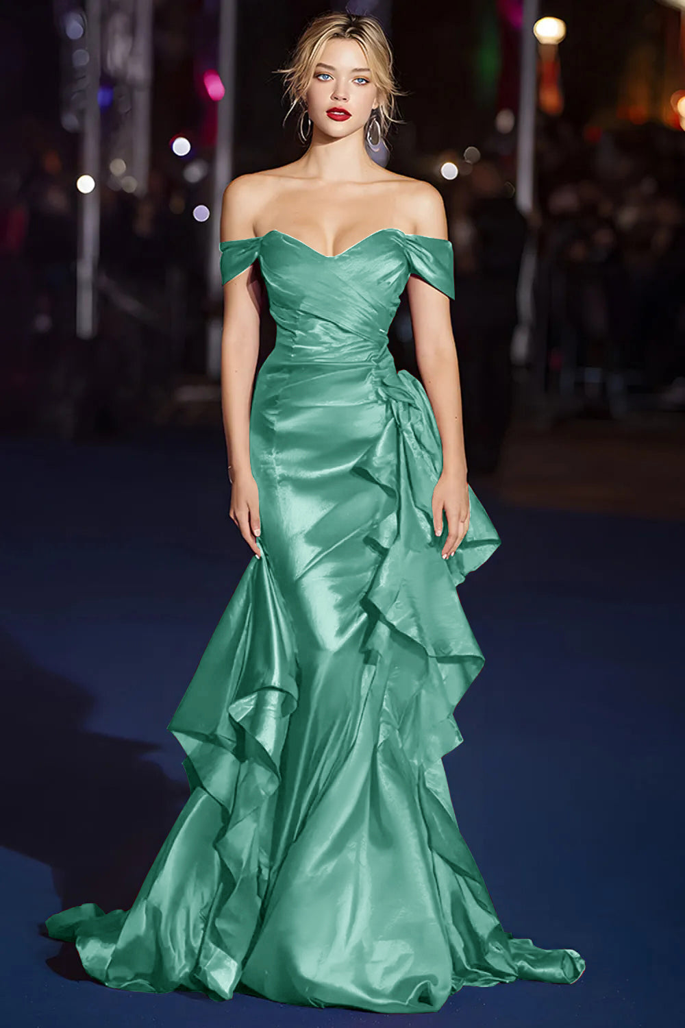 Dark Green Off the Shoulder Satin Ruched Mermaid Long Gala Dress with Ruffles