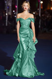 Dark Green Off the Shoulder Satin Ruched Mermaid Long Gala Dress with Ruffles