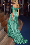 Dark Green Off the Shoulder Satin Ruched Mermaid Long Gala Dress with Ruffles