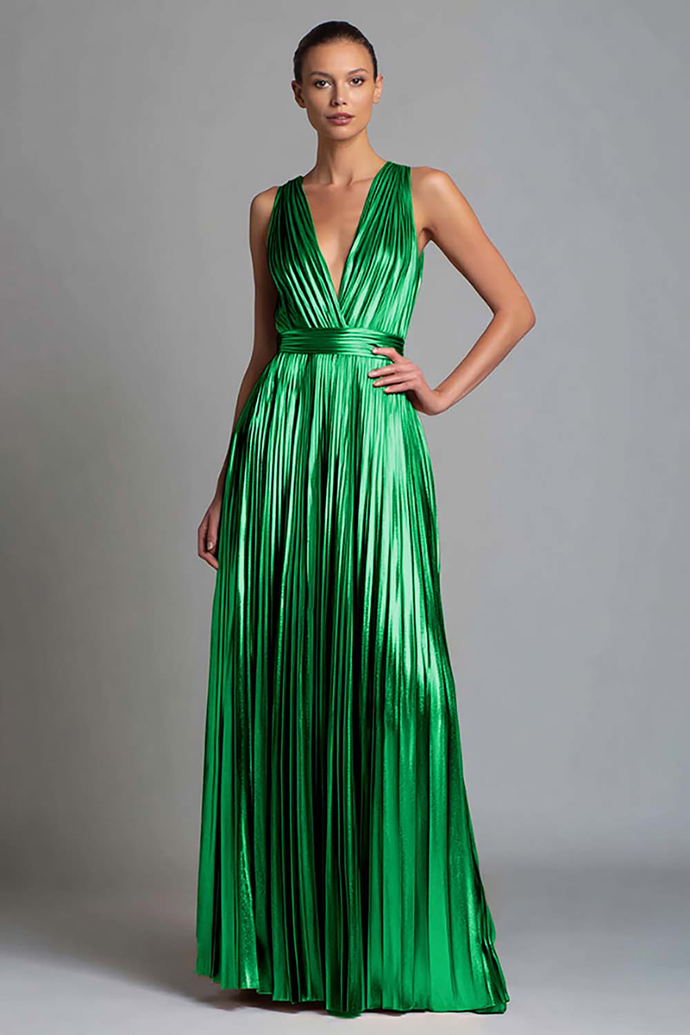 Gold A-Line V-Neck Metallic Long Formal Dress