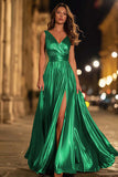 Metallic V-Neck A-Line Gold Long Formal Dress With Slit