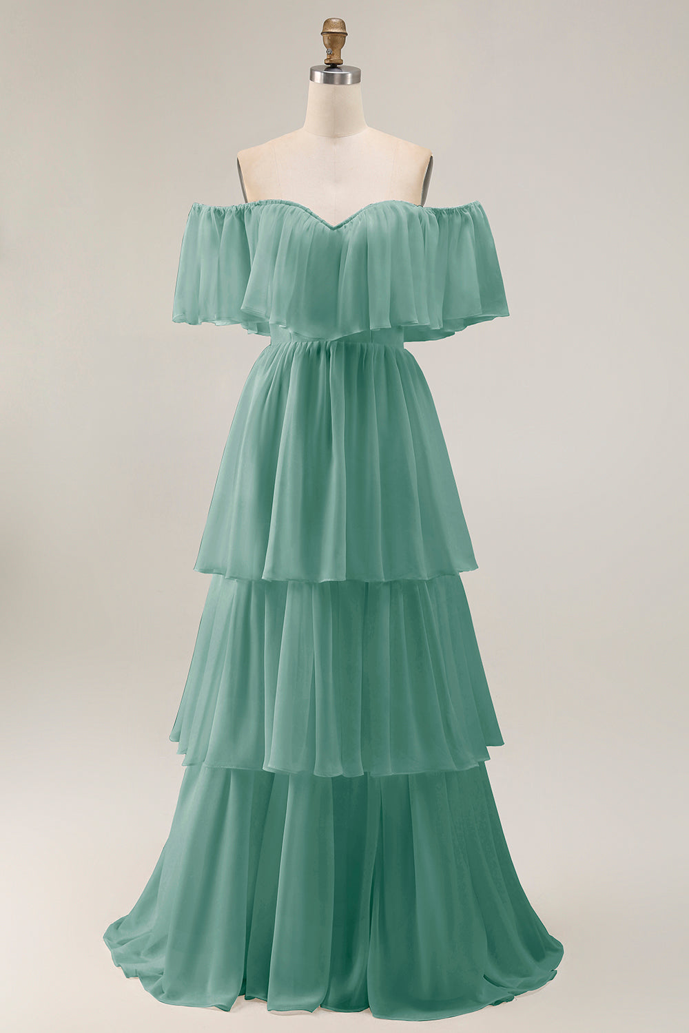 White Ruffled Off the Shoulder Chiffon A Line Wedding Dress