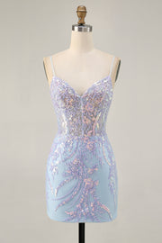 Blue Appliqued Homecoming Dress with Sequins