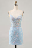 Light Blue Bodycon Spaghetti Straps Appliqued Homecoming Dress with Sequins
