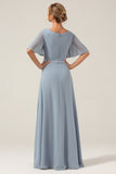 Dusty Blue A-Line V Neck Short Sleeves Chiffon Bridesmaid Dress