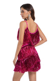 Sparkly Fuchsia Spaghetti Straps Tiered Short Homecoming Dress with Fringes