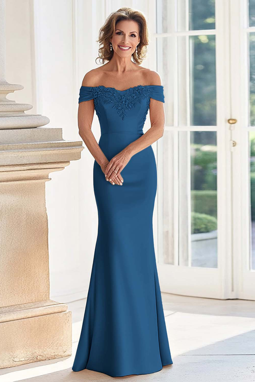 Champagne Off the Shoulder Sheath Mother of the Bride Dress with Appliques